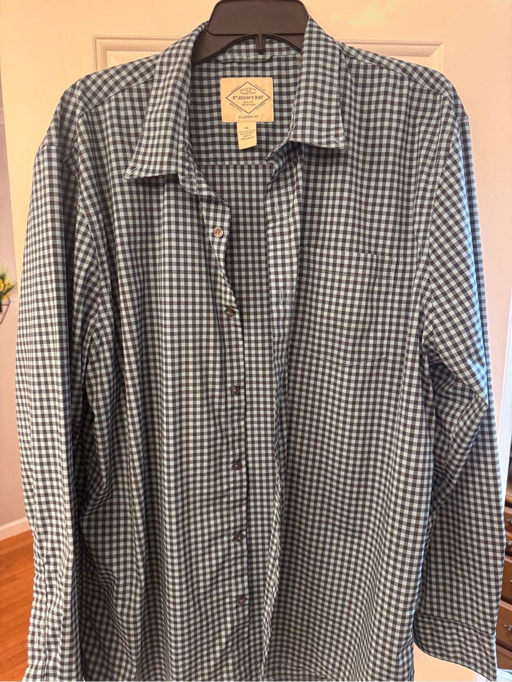 St. John's Bay Men's Blue and White Gingham Button-Down Shirt - Classic Casual